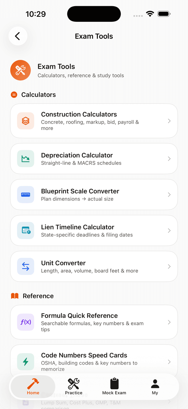 Construction Calculators including Depreciation, Blueprint Scale, Lien Timeline, Unit Converter, Formula Reference