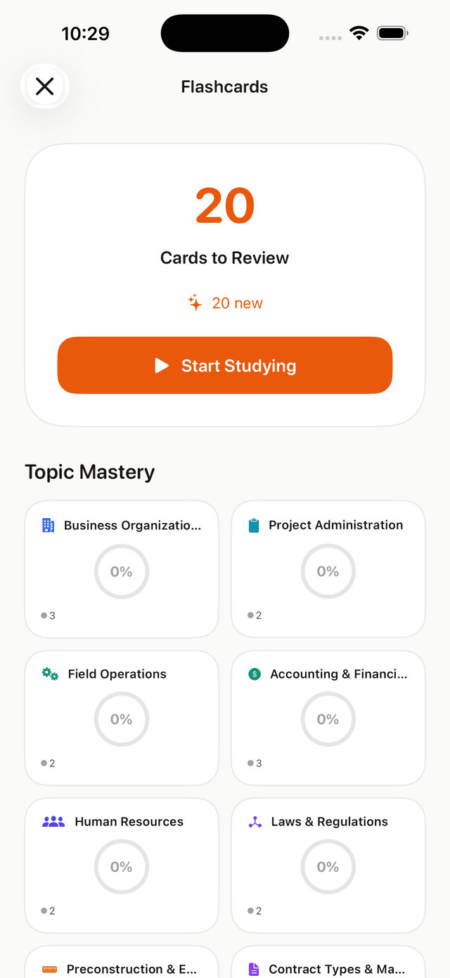 Flashcard hub with topic mastery tracking and spaced repetition