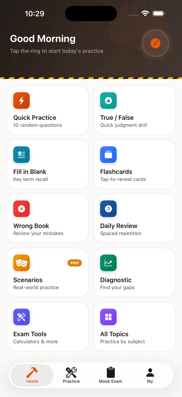 ContractorPass home screen with Quick Practice, True/False, Fill in Blank, Flashcards, Wrong Book, Daily Review, Scenarios, Diagnostic, Exam Tools, All Topics