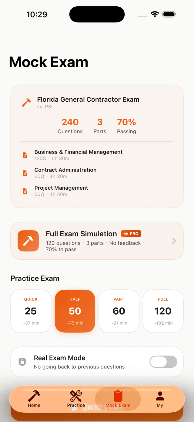 Mock Exam with Florida General Contractor Exam, 240 Questions, 3 Parts, 70% Passing
