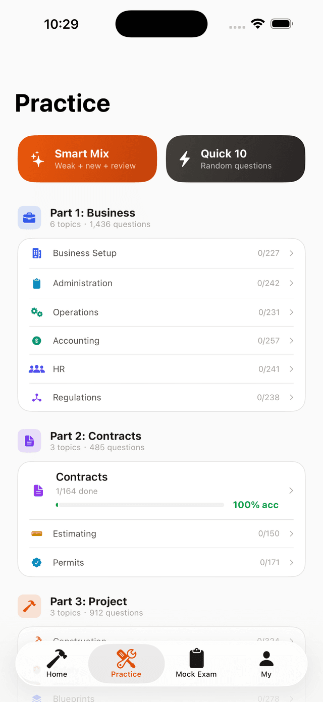 Practice hub with Smart Mix, Quick 10, Part 1: Business, Part 2: Contracts, Part 3: Project