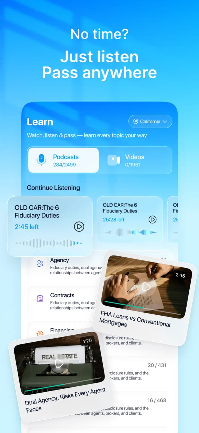 Learn screen with podcasts and video lessons organized by topic