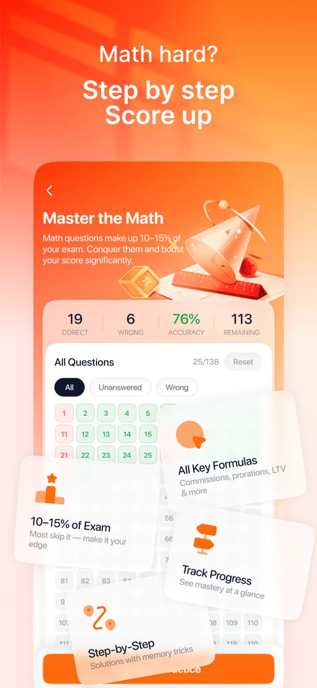 Math drill screen with step-by-step solutions, key formulas, and progress tracking