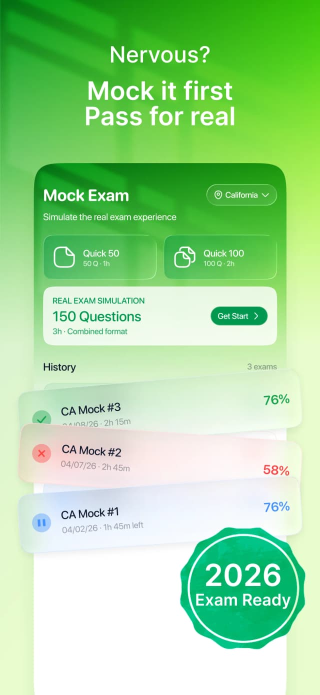 Mock exam screen with Quick 50, Quick 100, and full 150-question simulation options