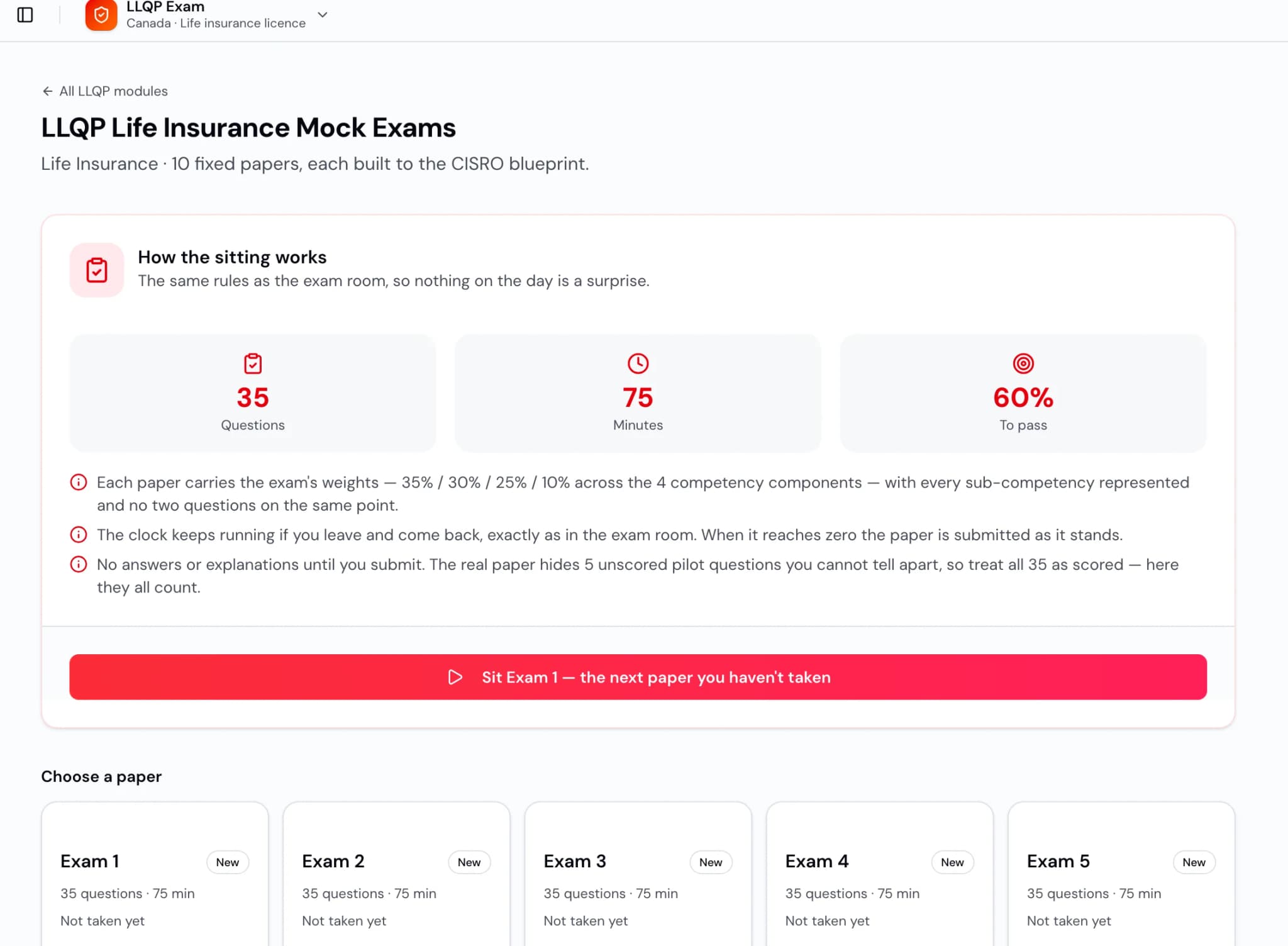 EstatePass LLQP Life Insurance mock-exam dashboard showing paper format and exam selection