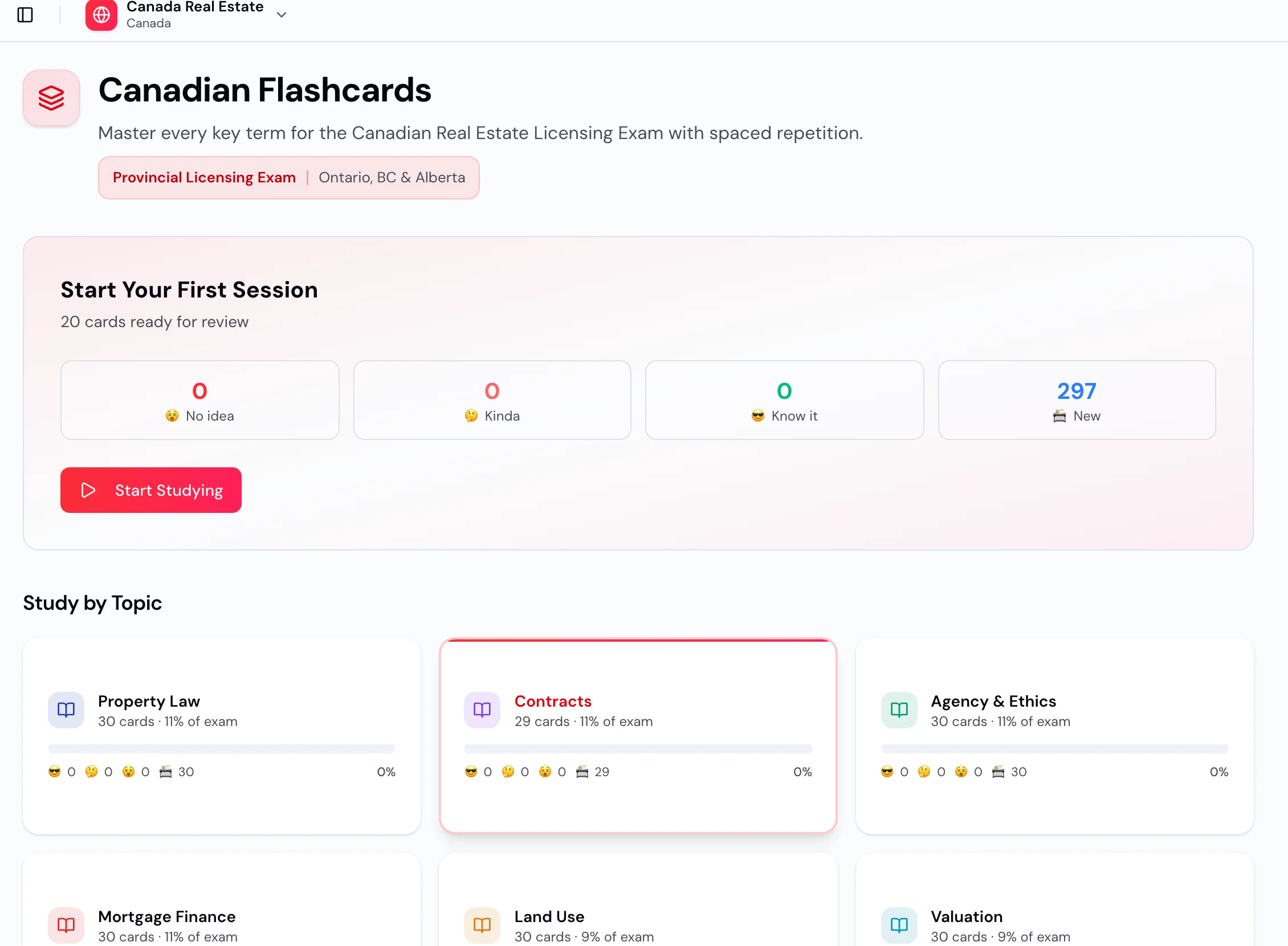 EstatePass Canadian real estate flashcards dashboard showing a first study session and topic cards