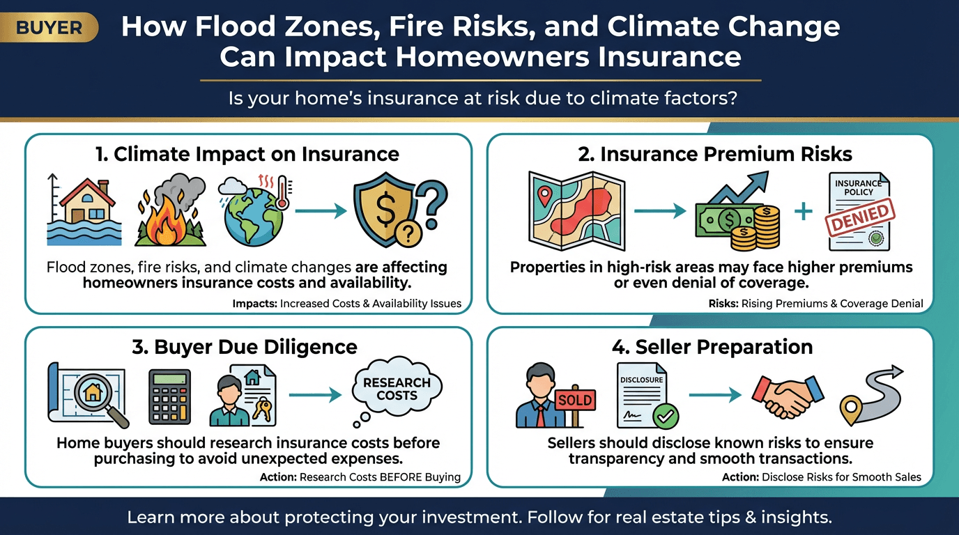 How Flood Zones, Fire Risks, and Climate Change Can Impact Homeowners Insurance - Free real estate infographic