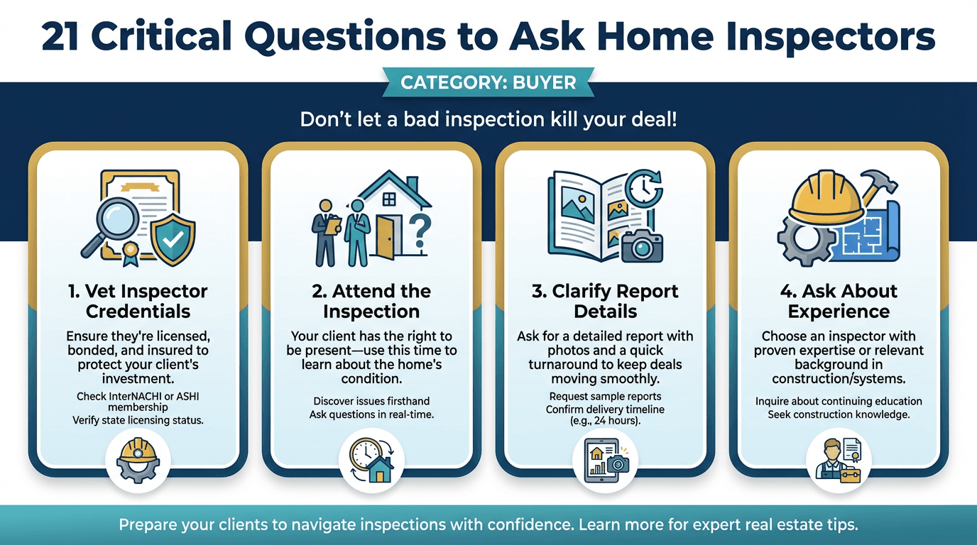 21 Critical Questions to Ask Home Inspectors - Free real estate infographic