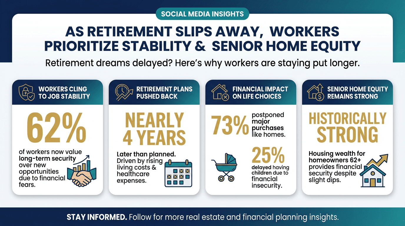 As retirement slips further away, workers prioritize stability and senior home equity - Free real estate infographic