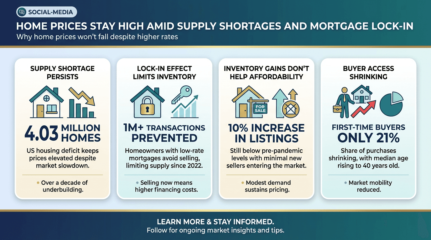 Home Prices Stay High Amid Supply Shortages and Mortgage Lock-In - Free real estate infographic