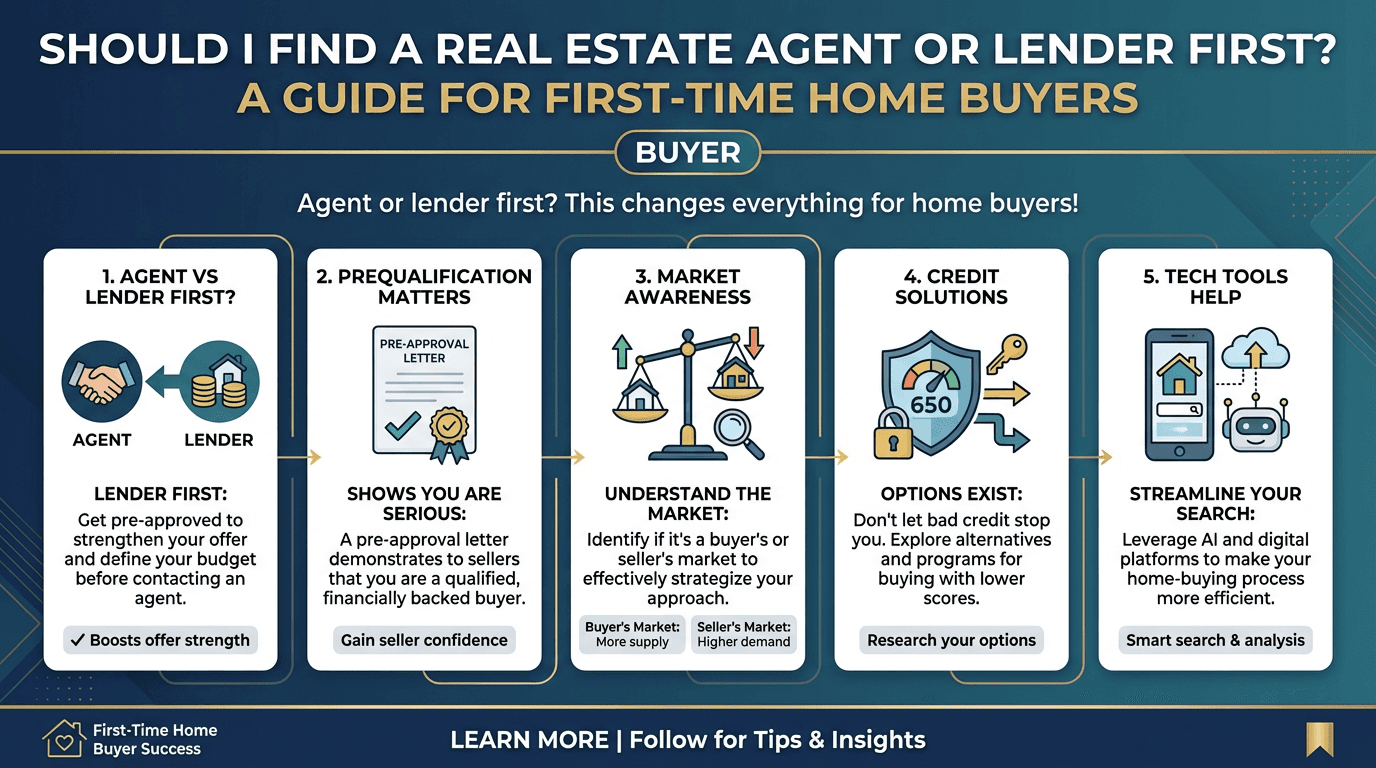 Should I Find a Real Estate Agent or Lender First? A Guide for First Time Home Buyers - Free real estate infographic