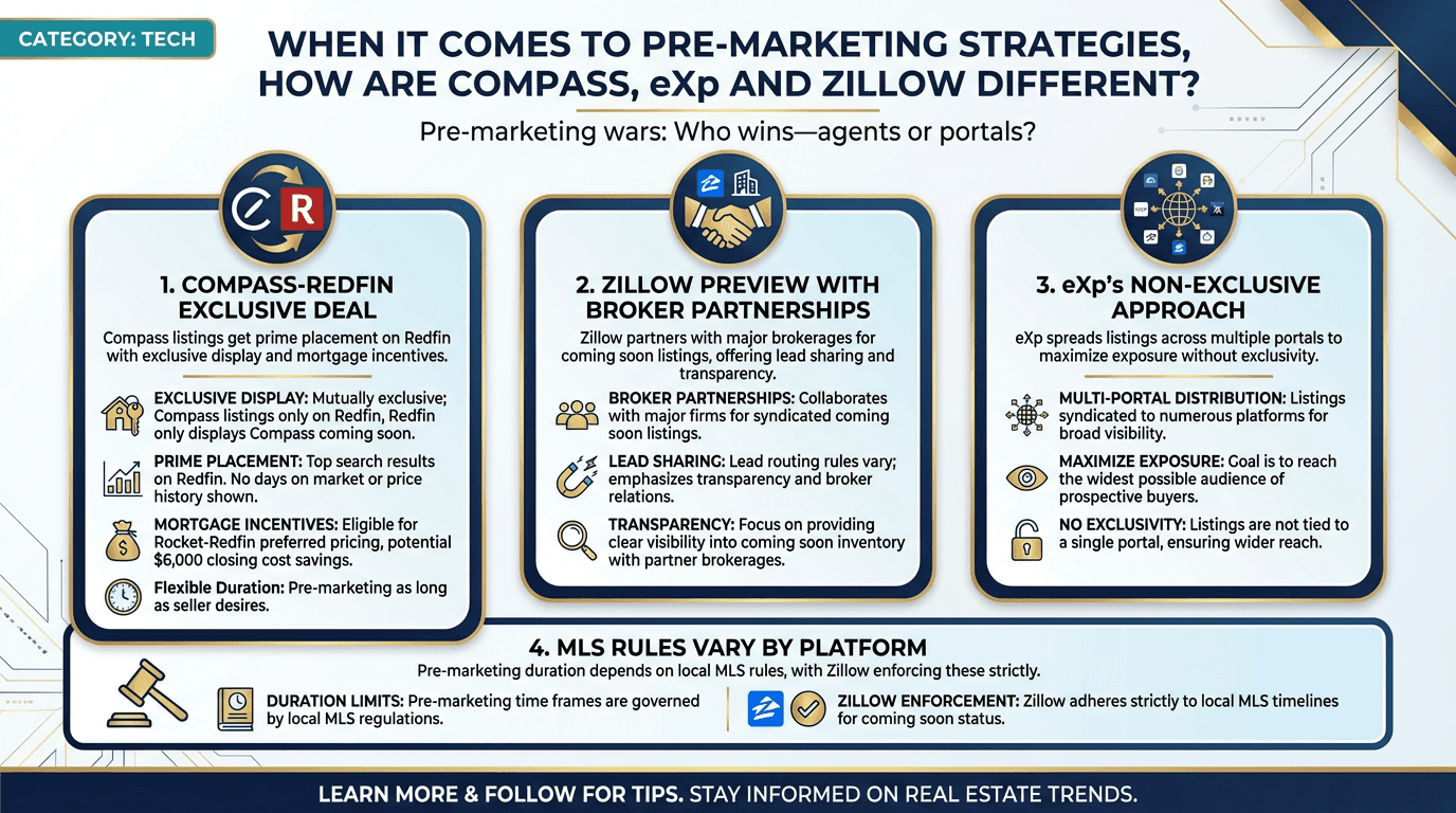 When it comes to pre-marketing strategies, how are Compass, eXp and Zillow different? - Free real estate infographic
