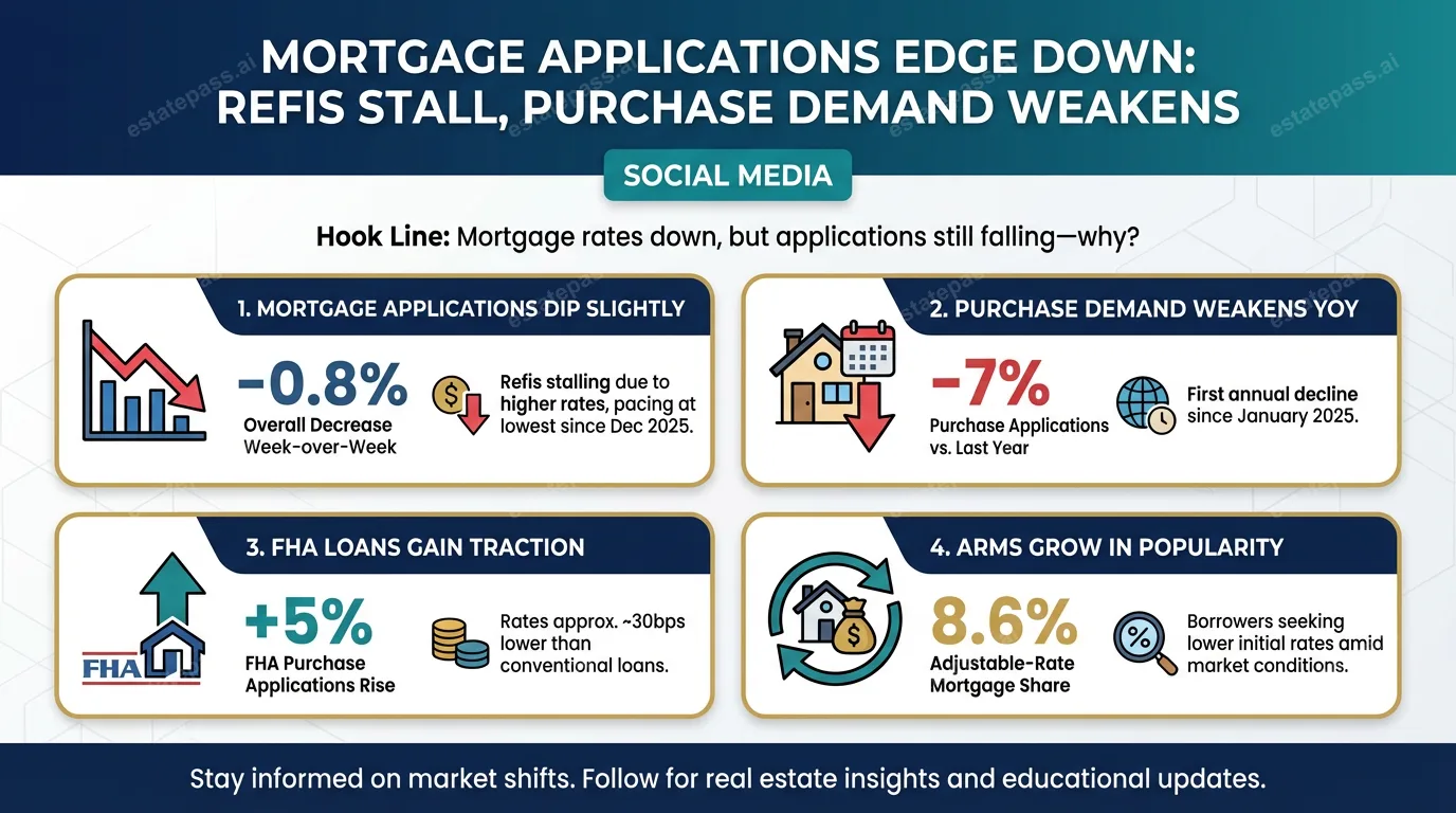 Mortgage applications edge down as refis stall, purchase demand weakens