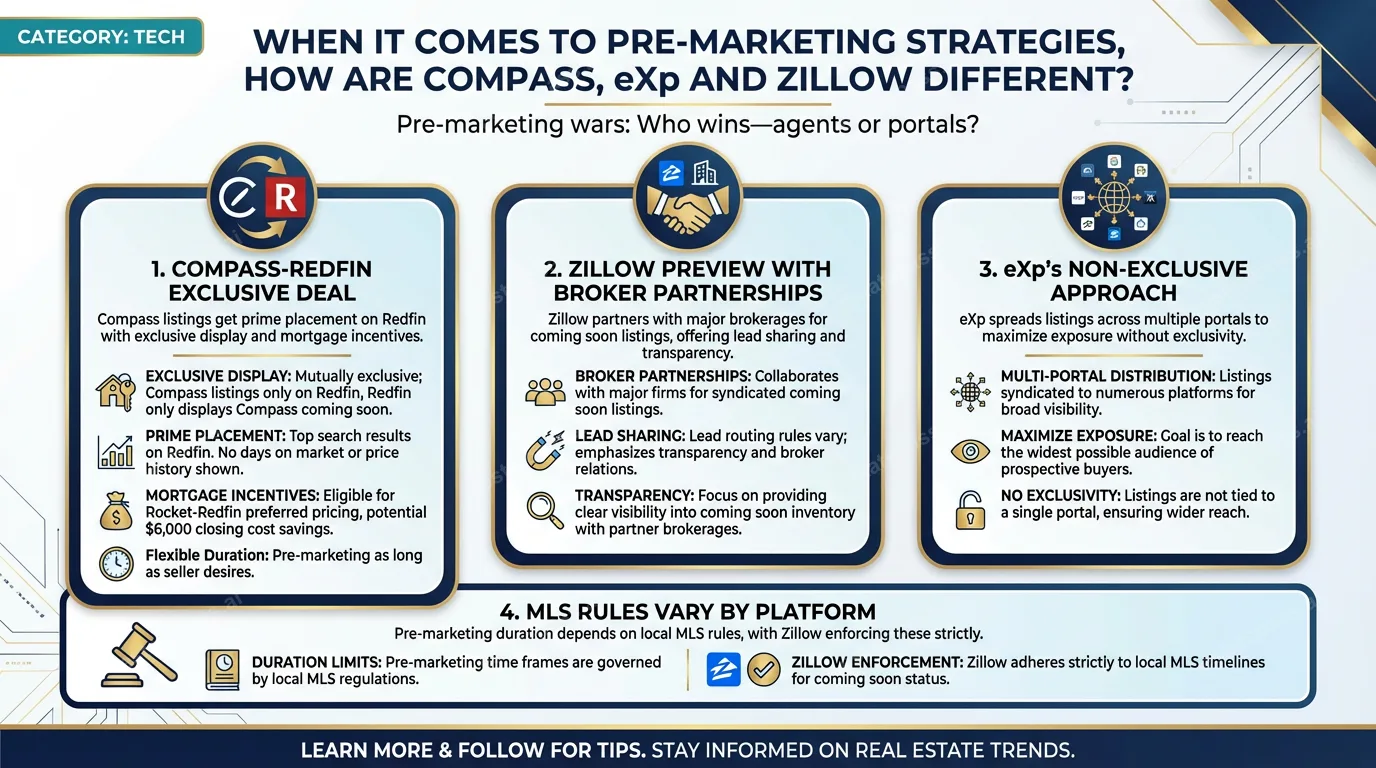 When it comes to pre-marketing strategies, how are Compass, eXp and Zillow different?