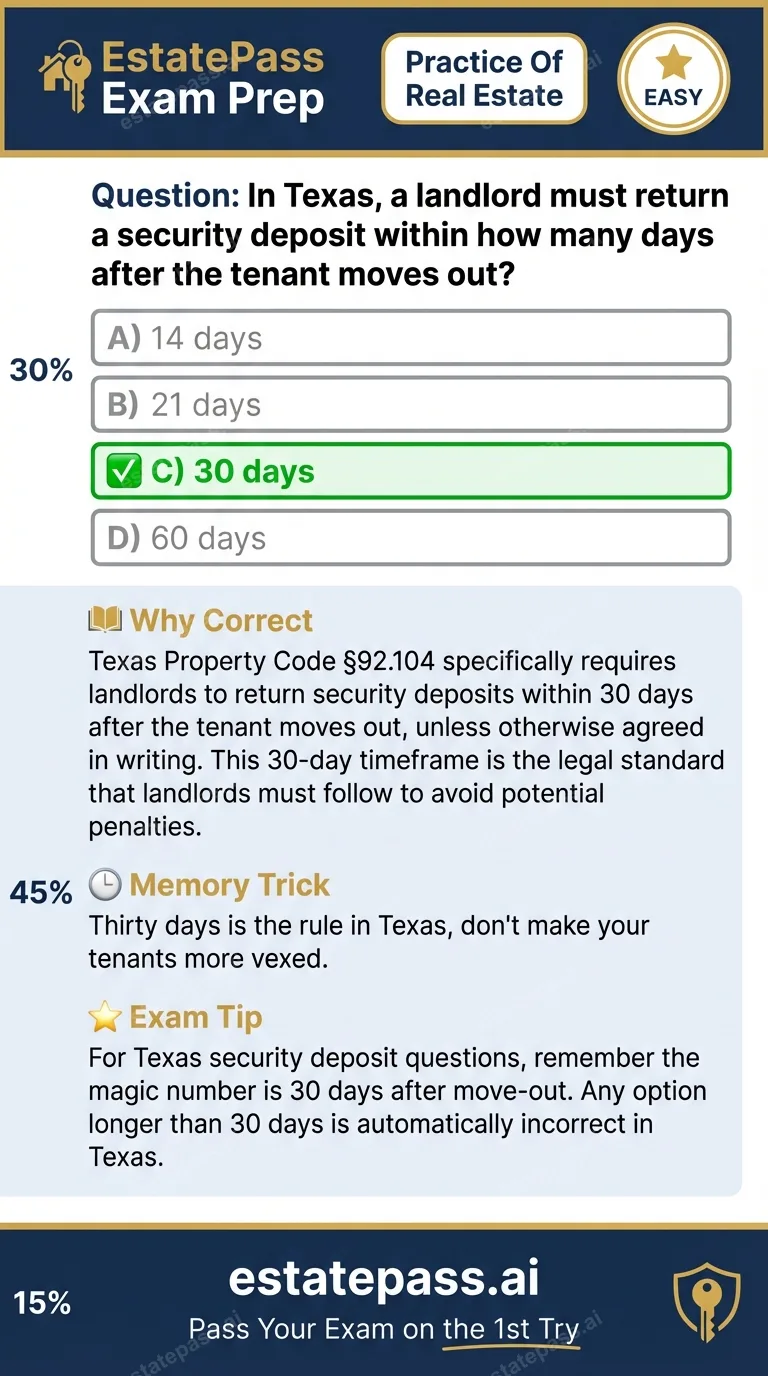 Study card infographic: In Texas, a landlord must return a security deposit within how many days after t