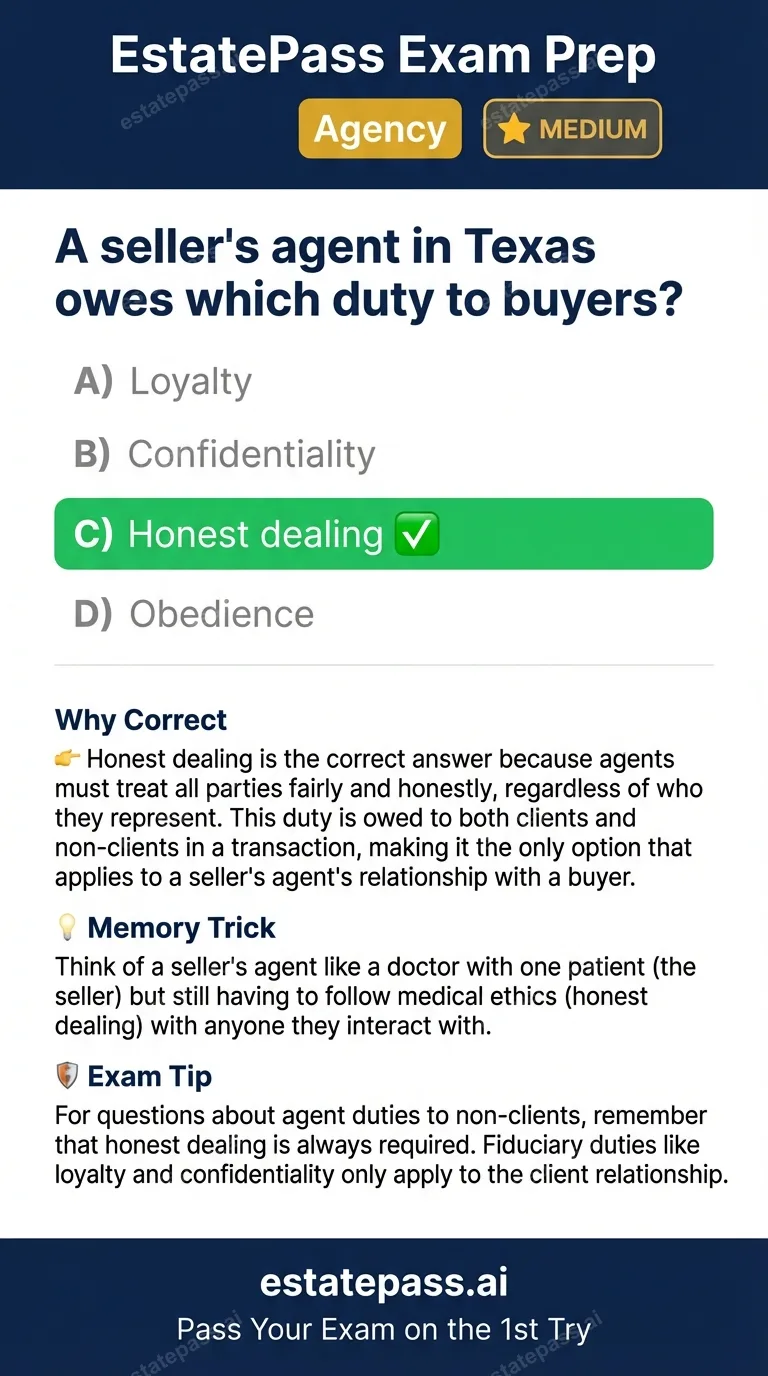 Study card infographic for: A seller's agent in Texas owes which duty to buyers?