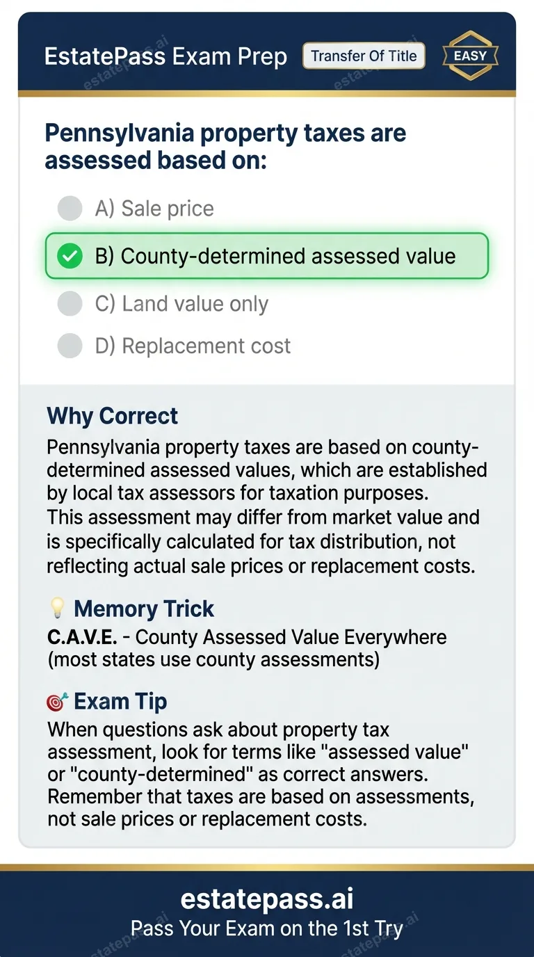 Study card infographic: Pennsylvania property taxes are assessed based on: