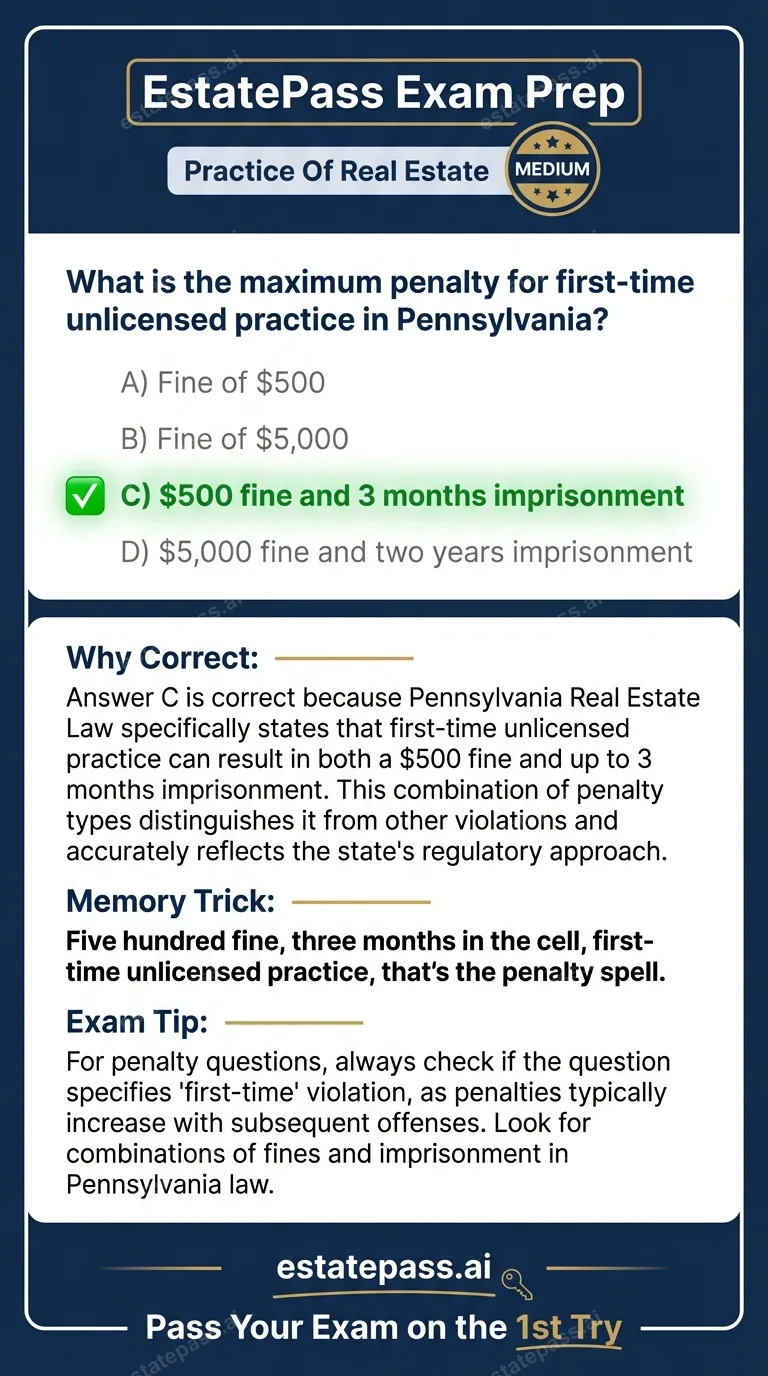 Study card infographic: What is the maximum penalty for first-time unlicensed practice in Pennsylvania?
