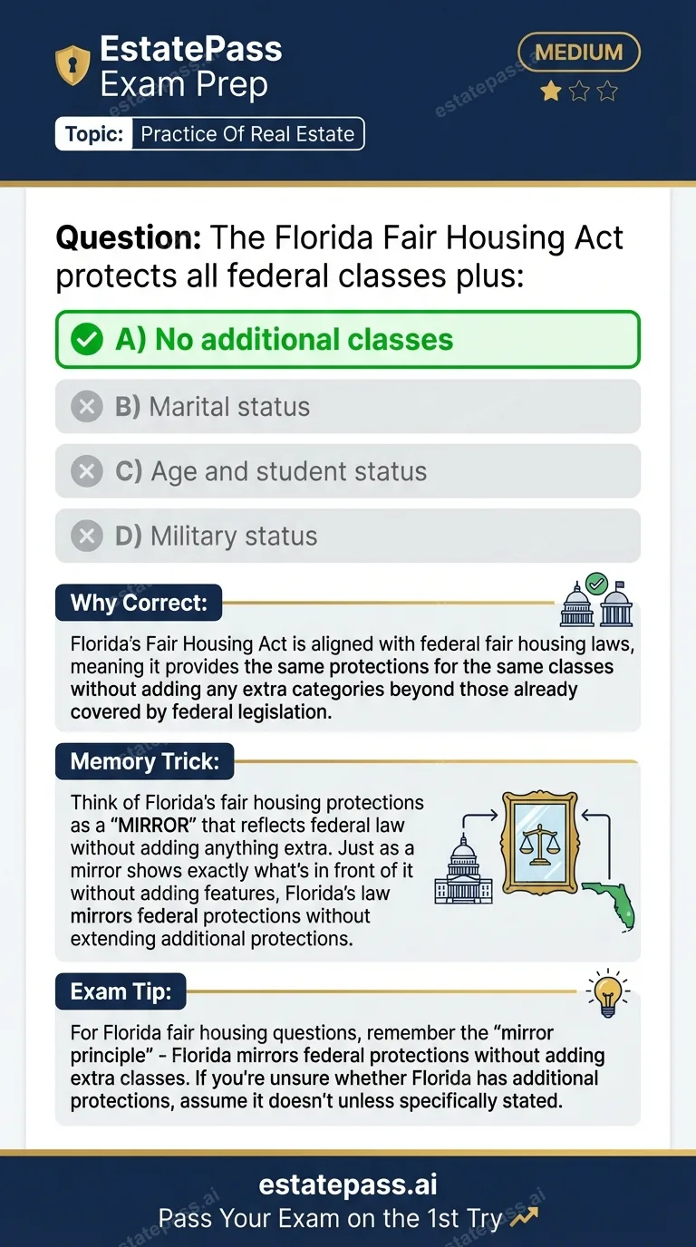 Study card infographic for: The Florida Fair Housing Act protects all federal classes plus: