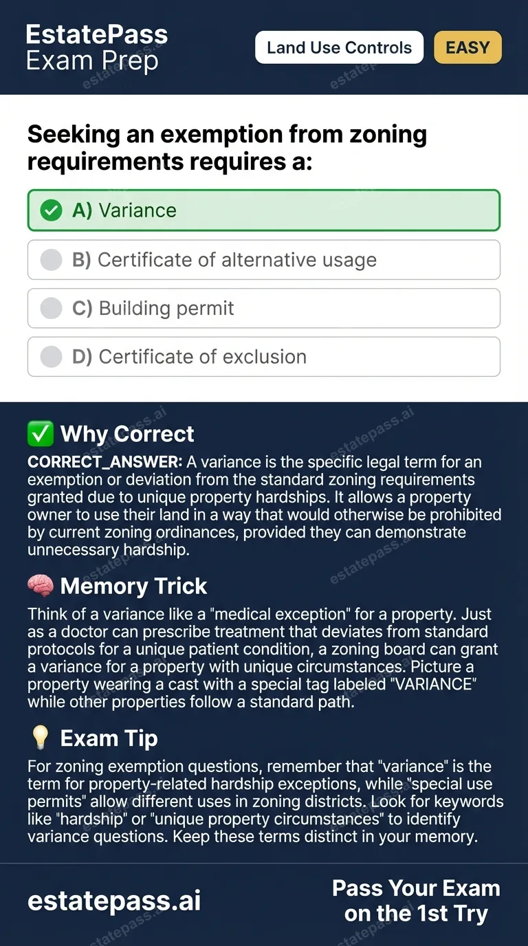 Study card infographic: Seeking an exemption from zoning requirements requires a: