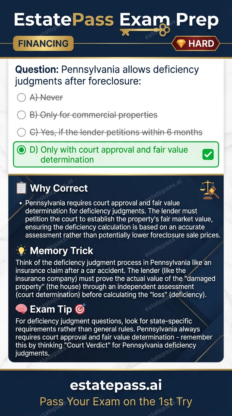 Study card infographic for: Pennsylvania allows deficiency judgments after foreclosure: