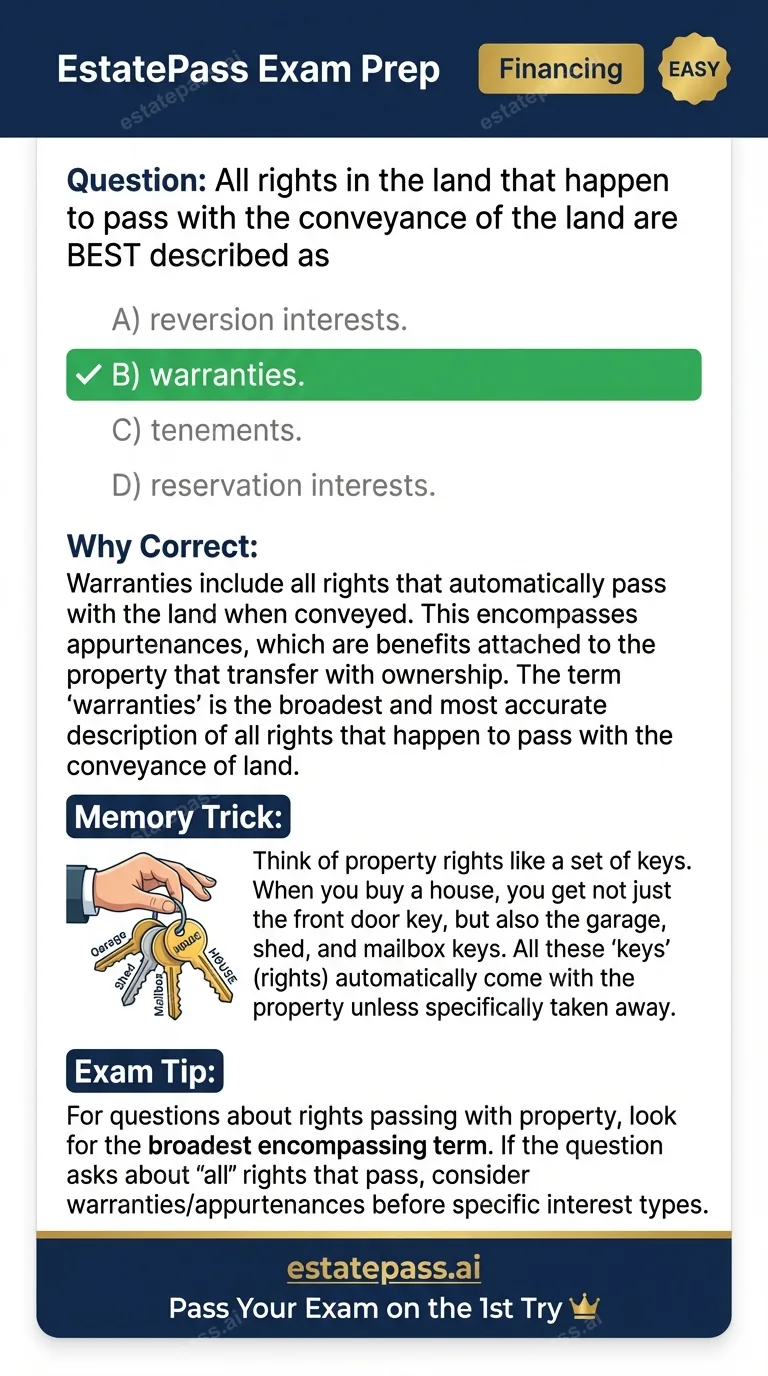Study card infographic for: All rights in the land that happen to pass with the conveyance of the land are B