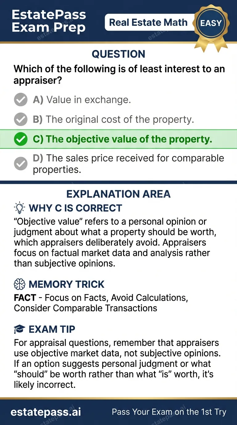 Study card infographic for: Which of the following is of least interest to an appraiser?