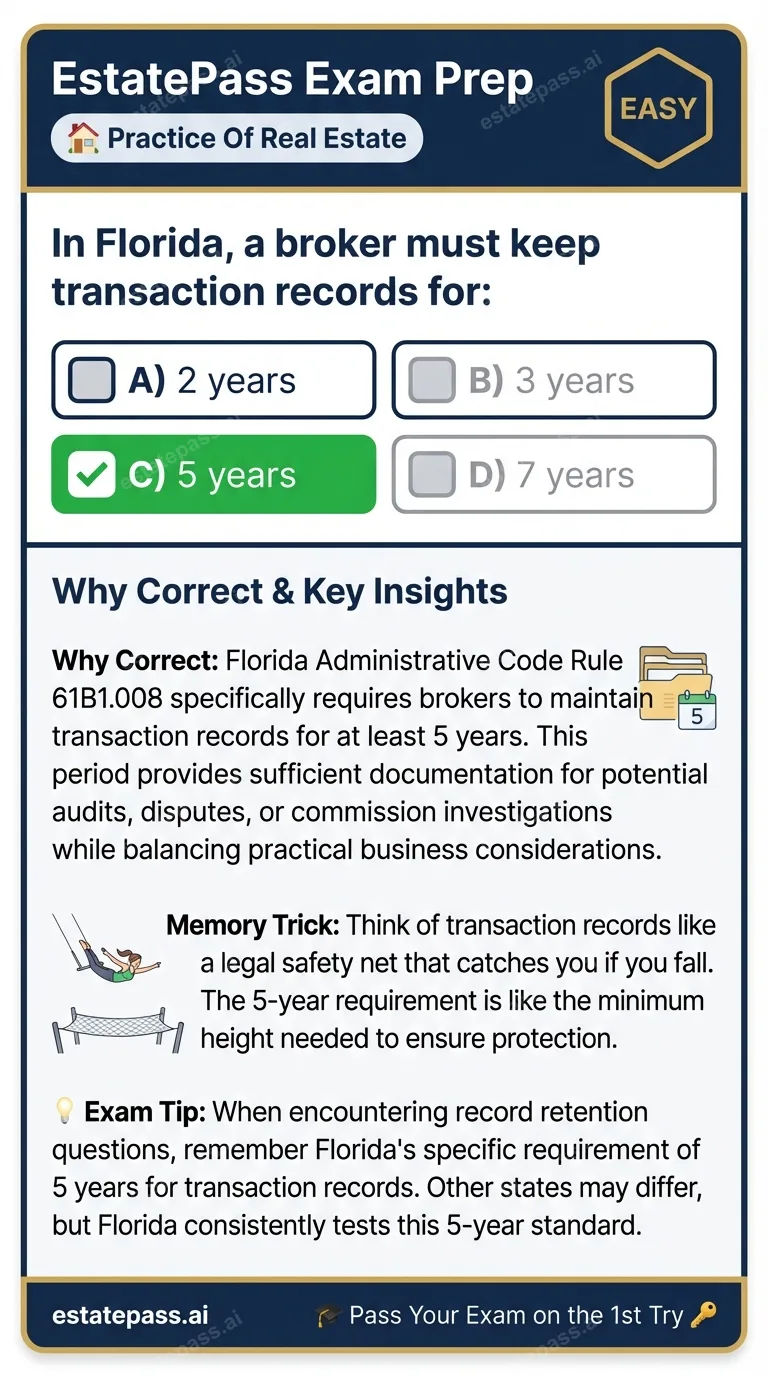 Study card infographic for: In Florida, a broker must keep transaction records for: