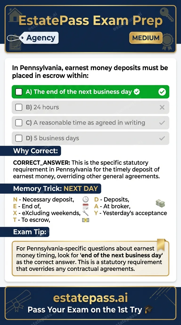 Study card infographic for: In Pennsylvania, earnest money deposits must be placed in escrow within: