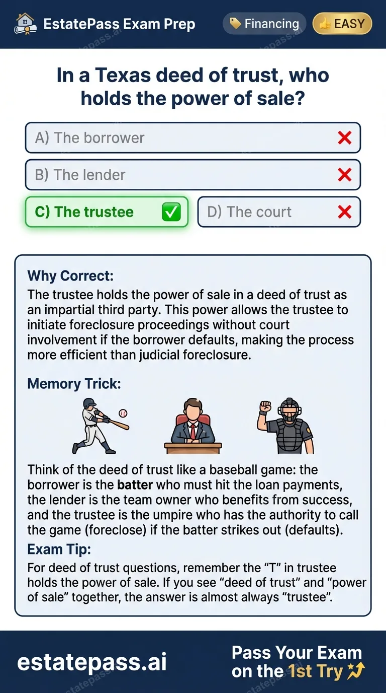 Study card infographic for: In a Texas deed of trust, who holds the power of sale?