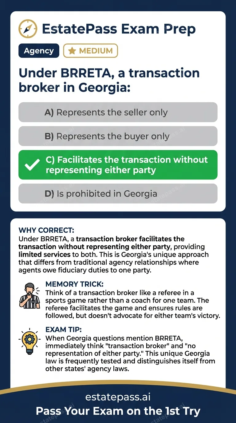 Study card infographic for: Under BRRETA, a transaction broker in Georgia:
