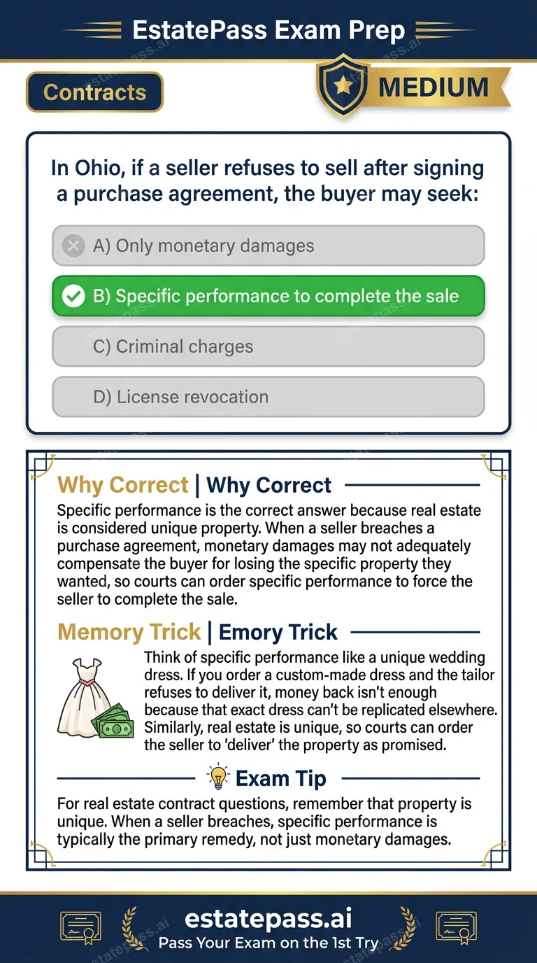 Study card infographic for: In Ohio, if a seller refuses to sell after signing a purchase agreement, the buy