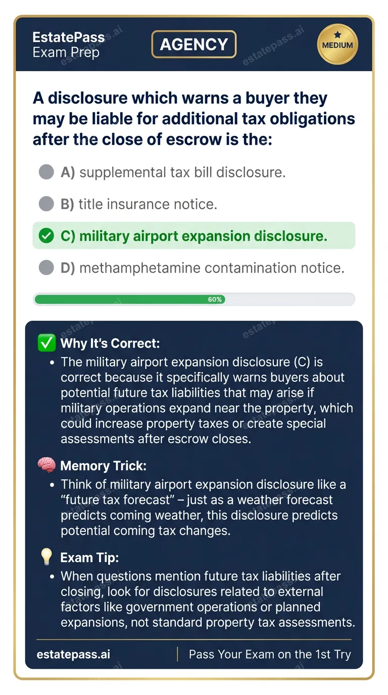 Study card infographic for: A disclosure which warns a buyer they may be liable for additional tax obligatio