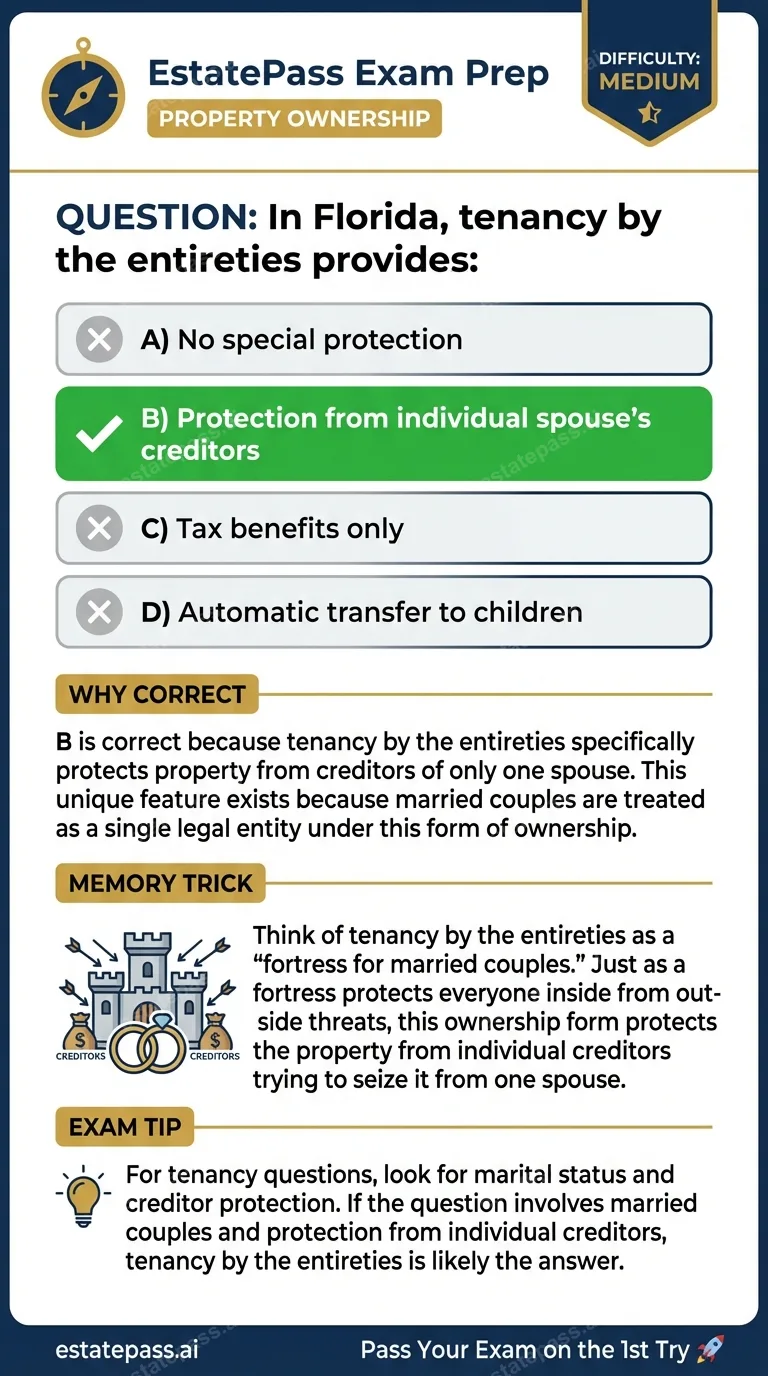 Study card infographic for: In Florida, tenancy by the entireties provides: