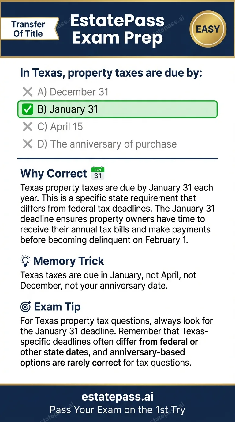 Study card infographic: In Texas, property taxes are due by: