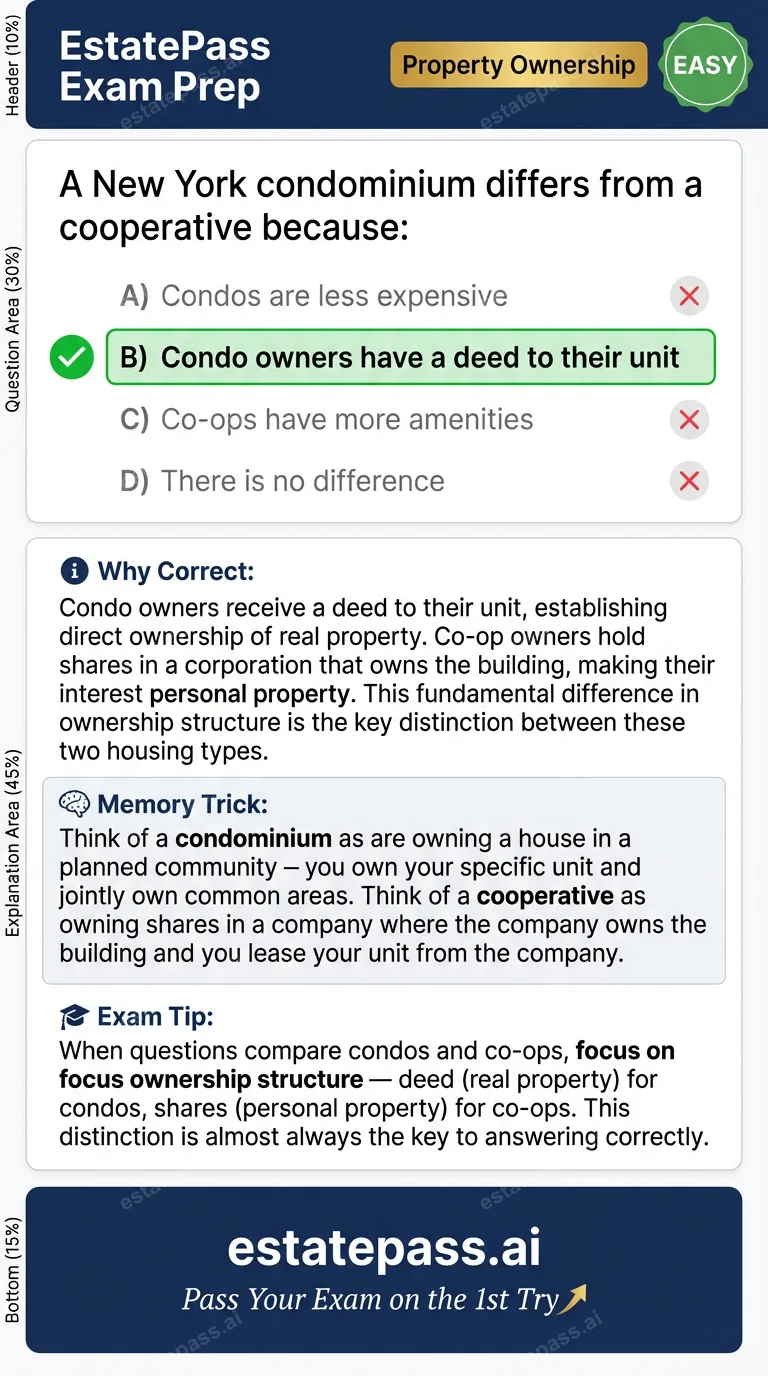 Study card infographic for: A New York condominium differs from a cooperative because: