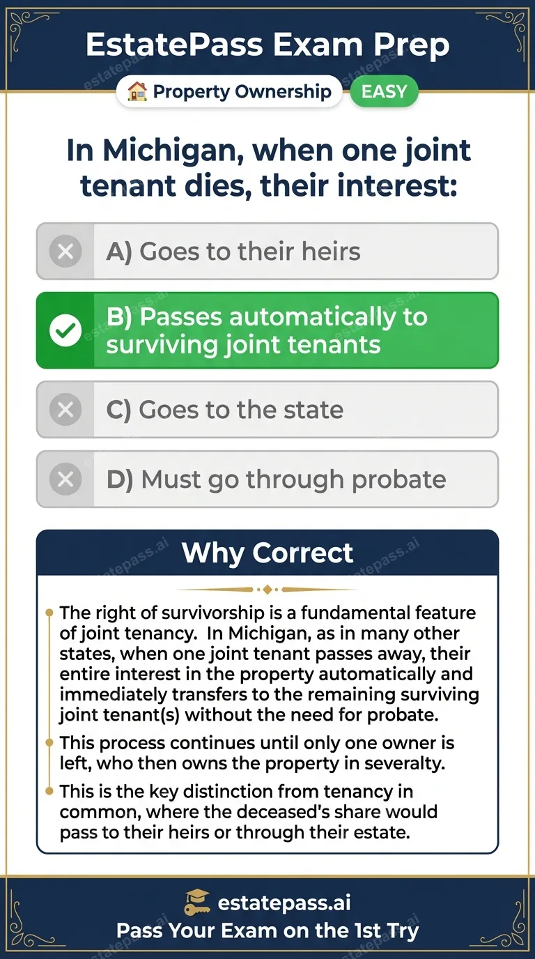 Study card infographic for: In Michigan, when one joint tenant dies, their interest: