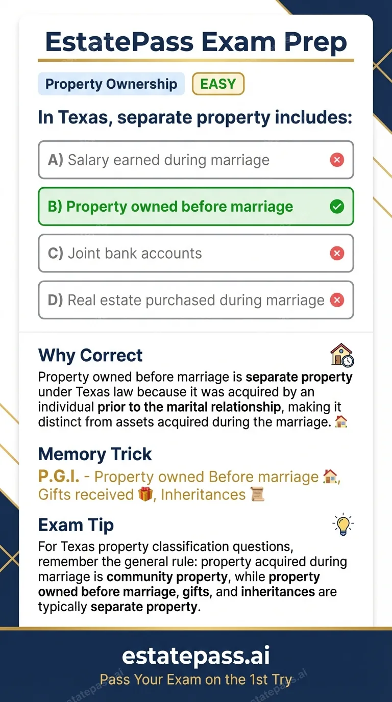 Study card infographic for: In Texas, separate property includes: