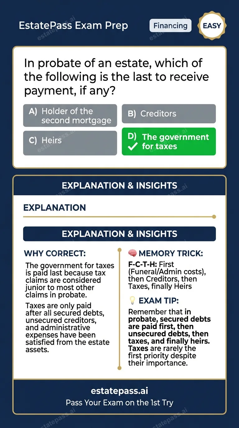 Study card infographic: In probate of an estate, which of the follow- ing is the last to receive payment