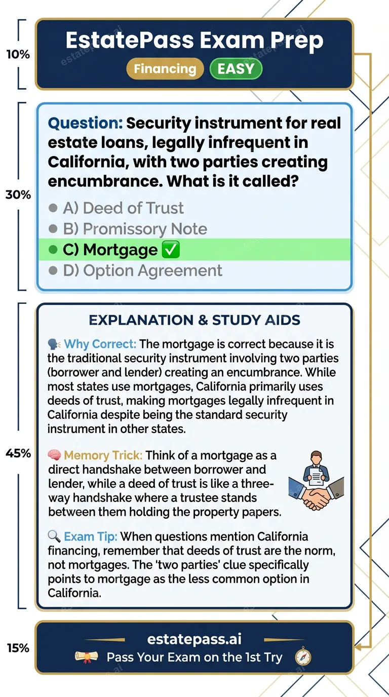 Study card infographic: Security instrument for real estate loans, legally infrequent in California, wit