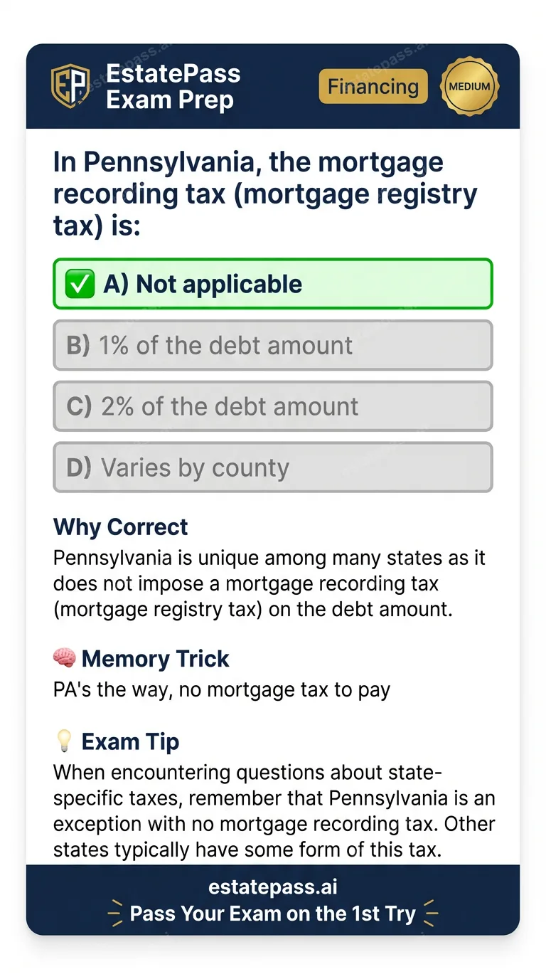 Study card infographic for: In Pennsylvania, the mortgage recording tax (mortgage registry tax) is: