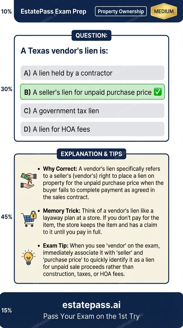 Study card infographic for: A Texas vendor's lien is: