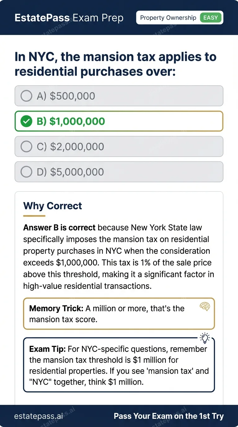 Study card infographic for: In NYC, the mansion tax applies to residential purchases over: