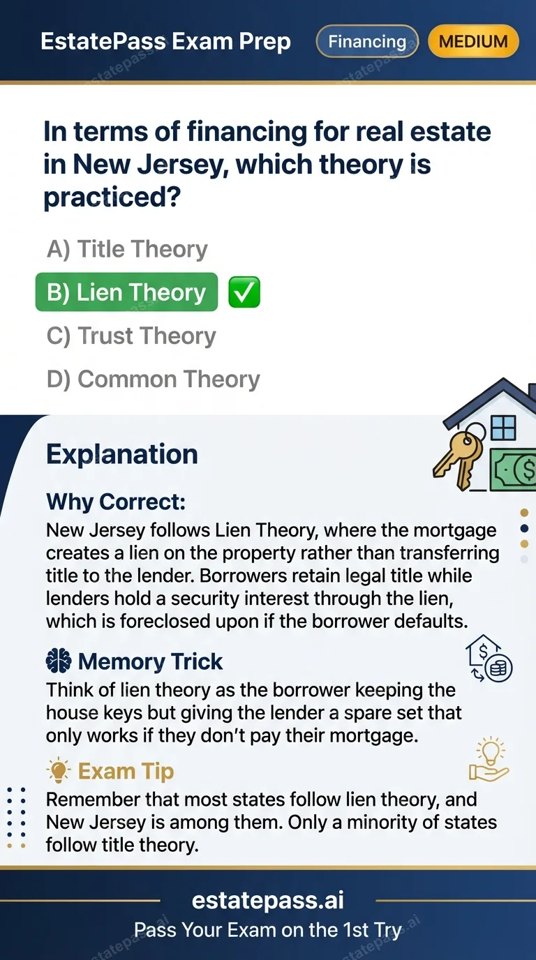 Study card infographic: In terms of financing for real estate in New Jersey, which theory is practiced?