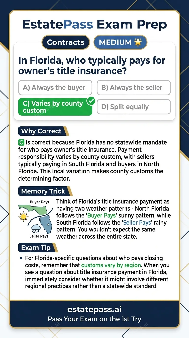 Study card infographic for: In Florida, who typically pays for owner's title insurance?