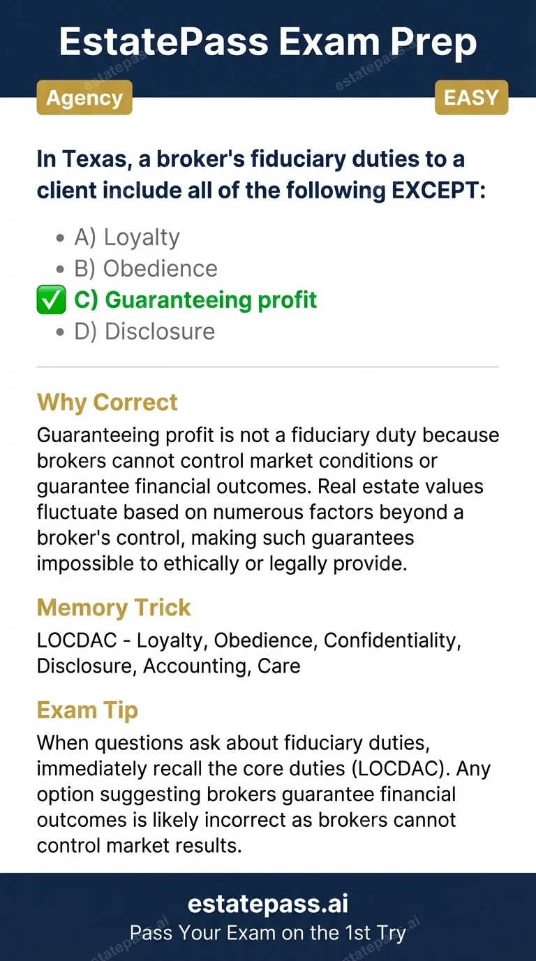 Study card infographic for: In Texas, a broker's fiduciary duties to a client include all of the following E