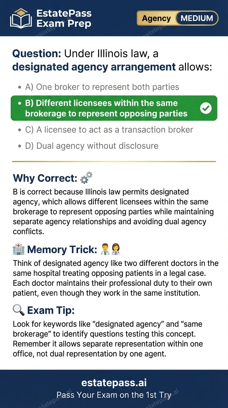 Study card infographic for: Under Illinois law, a designated agency arrangement allows: