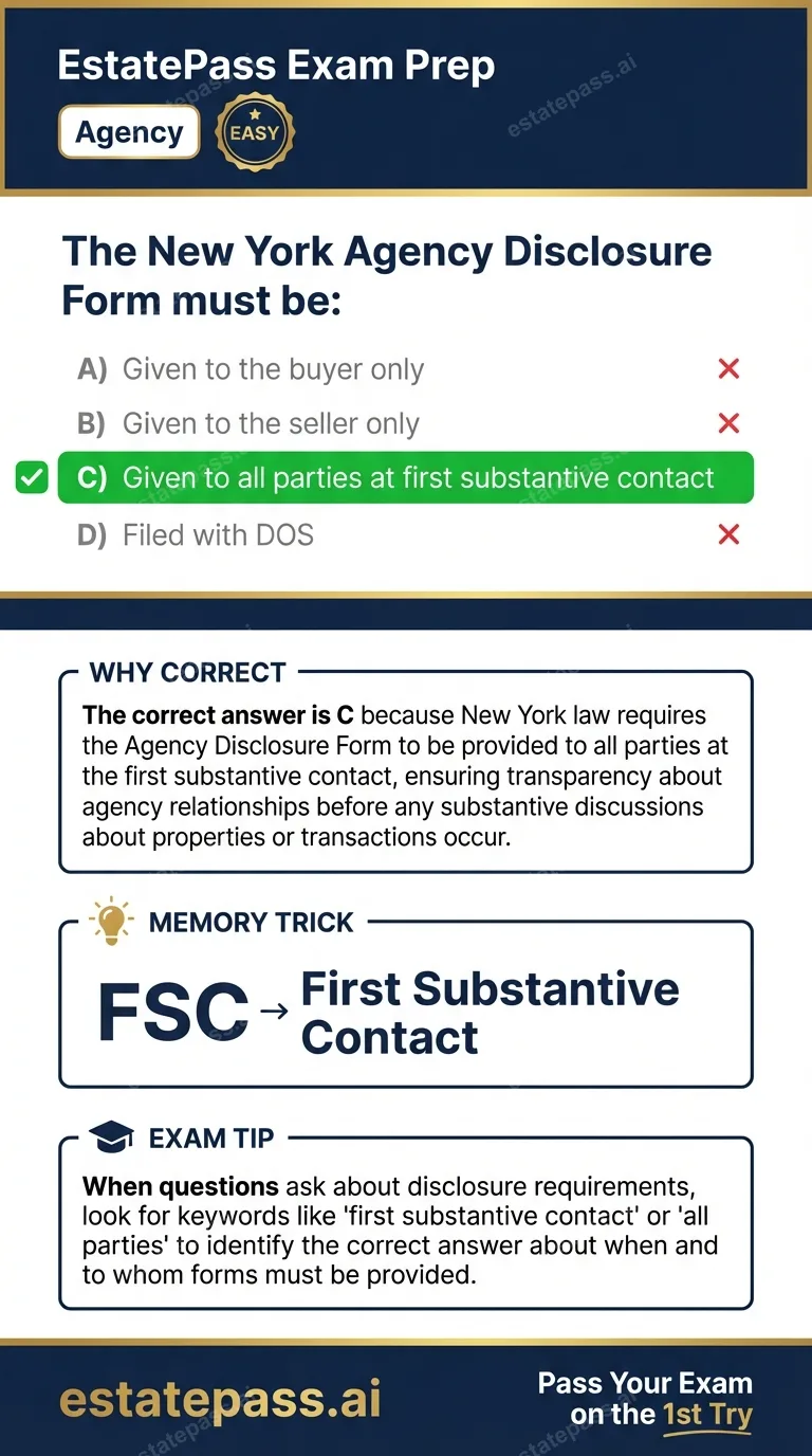 Study card infographic for: The New York Agency Disclosure Form must be: