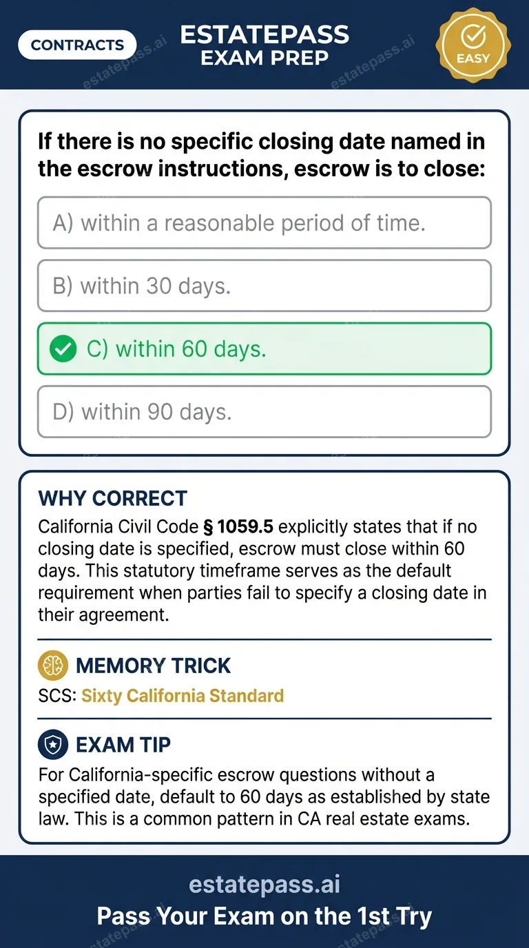 Study card infographic for: If there is no specific closing date named in the escrow instructions, escrow is