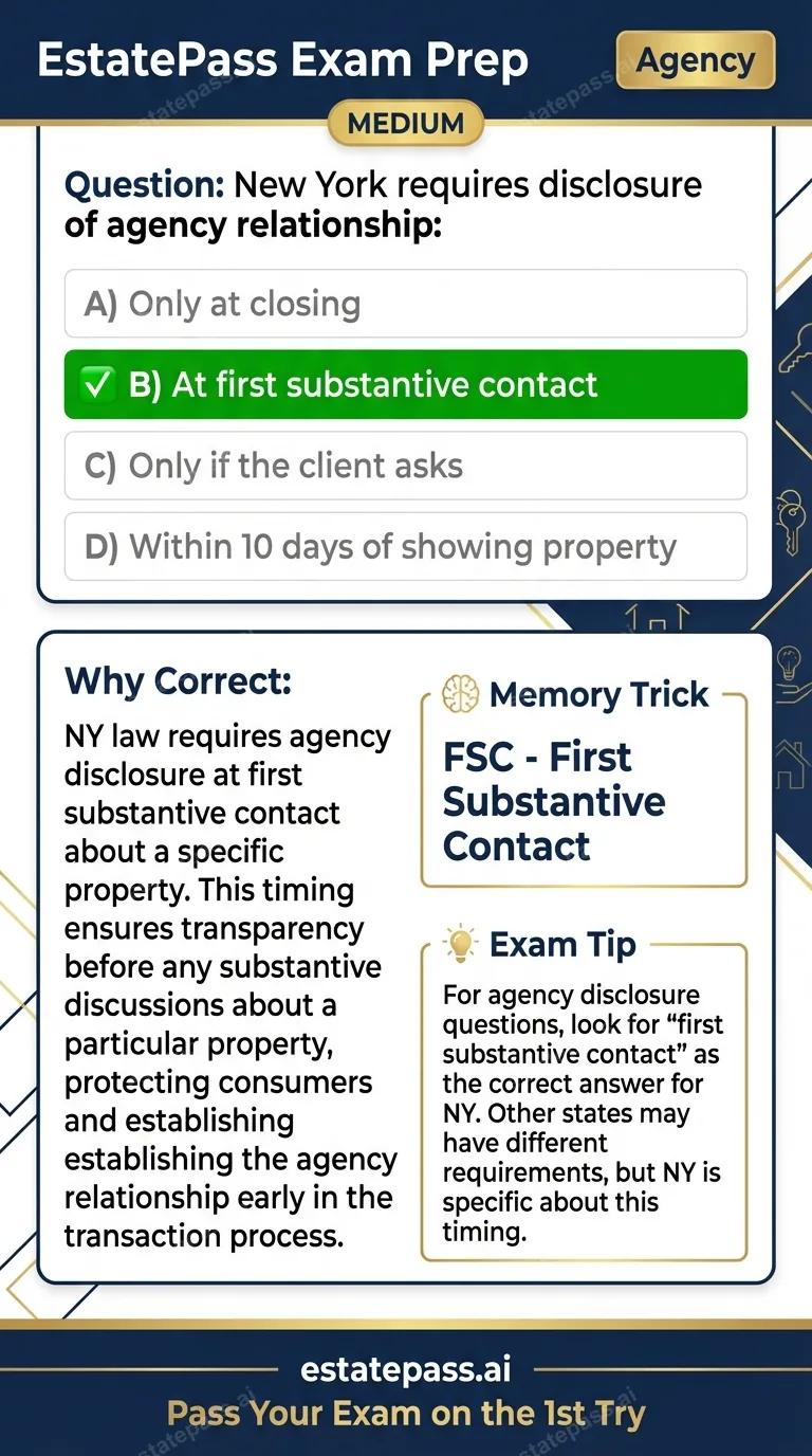 Study card infographic for: New York requires disclosure of agency relationship:
